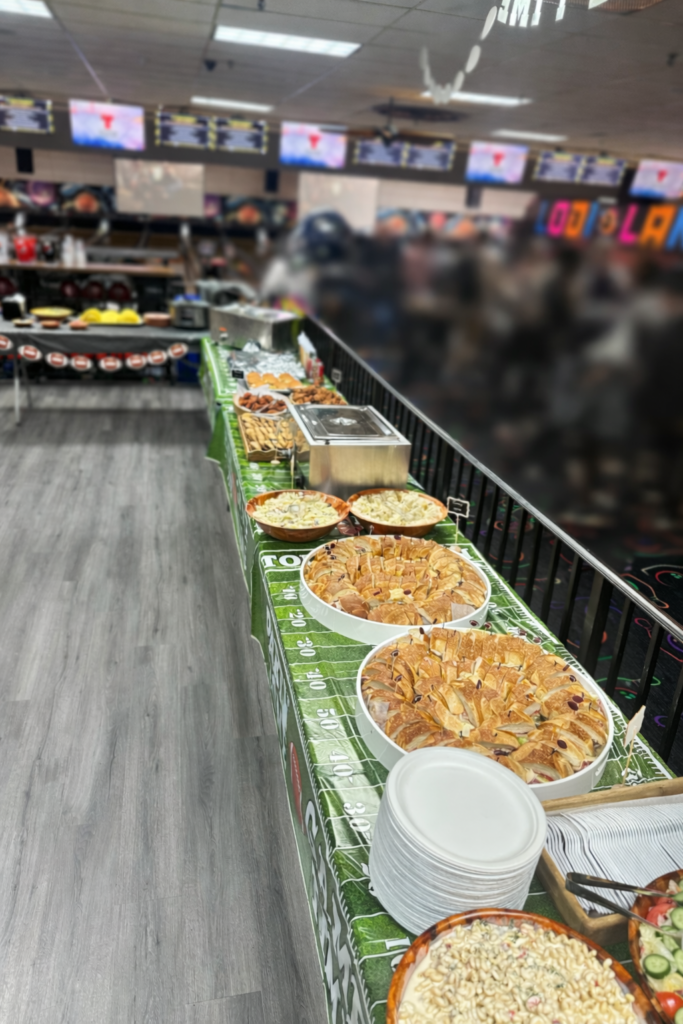 Buffet spread at a bowling alley